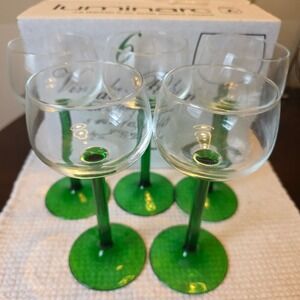 Vintage Luminarc "Vin du Rhin" Green Stem Wine Glasses Set of 5‎ in Box